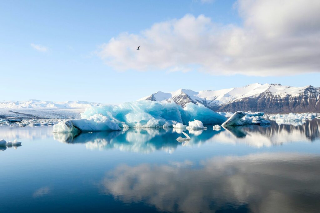 ice bergs and alp mountains facing calm body of water