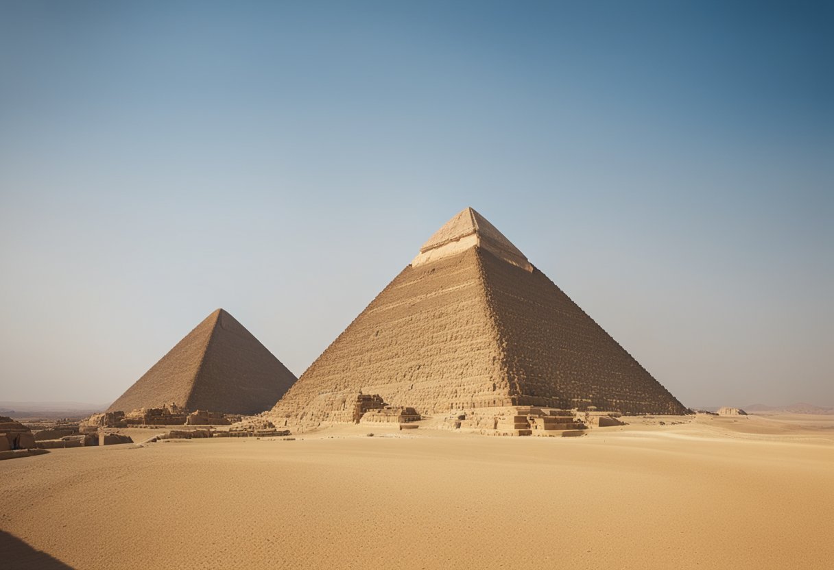 Pyramides d'Egypte La Grande Pyramide de Gizeh en Égypte, entourée de désert et sous un ciel bleu clair, avec le soleil projetant de longues ombres