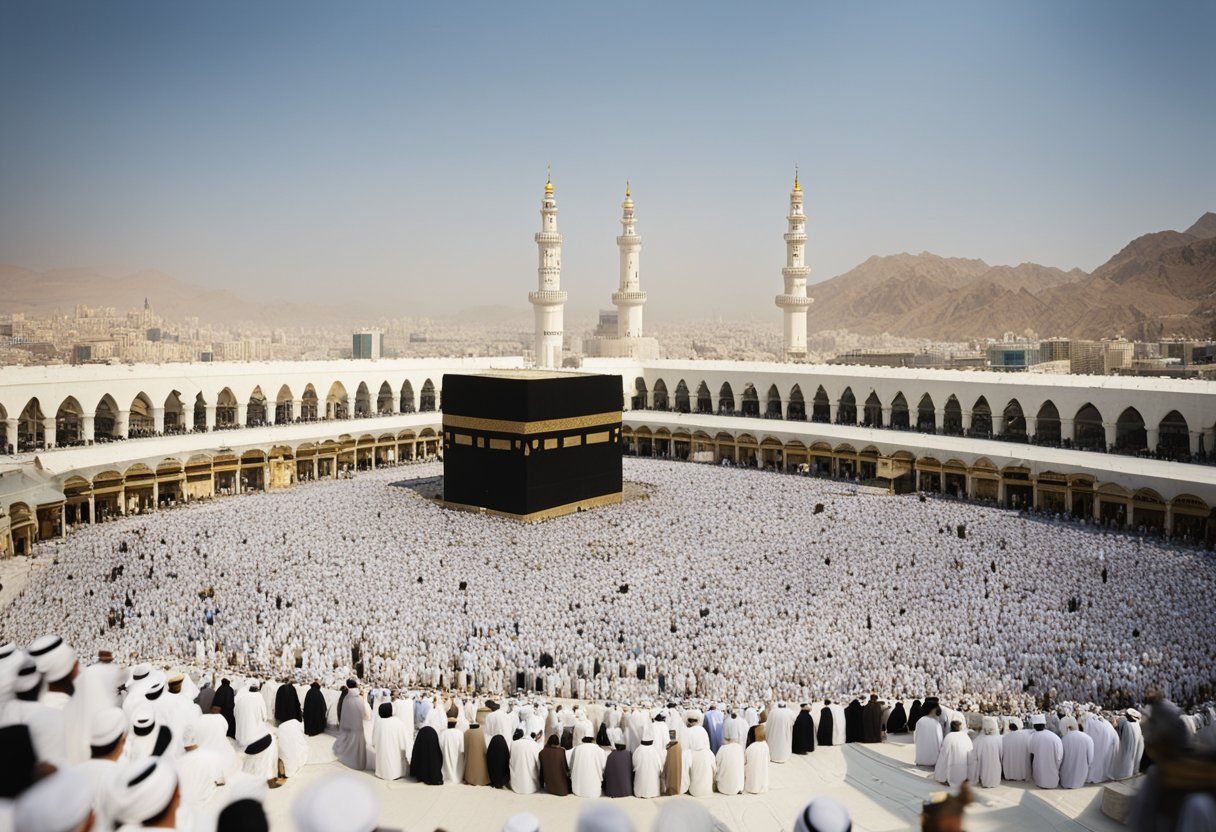 Les plus beaux sites spirituels du monde à découvrir absolument 4 Une vue panoramique du site sacré de La Mecque en Arabie Saoudite, entouré de désert et avec la célèbre Kaaba au centre.