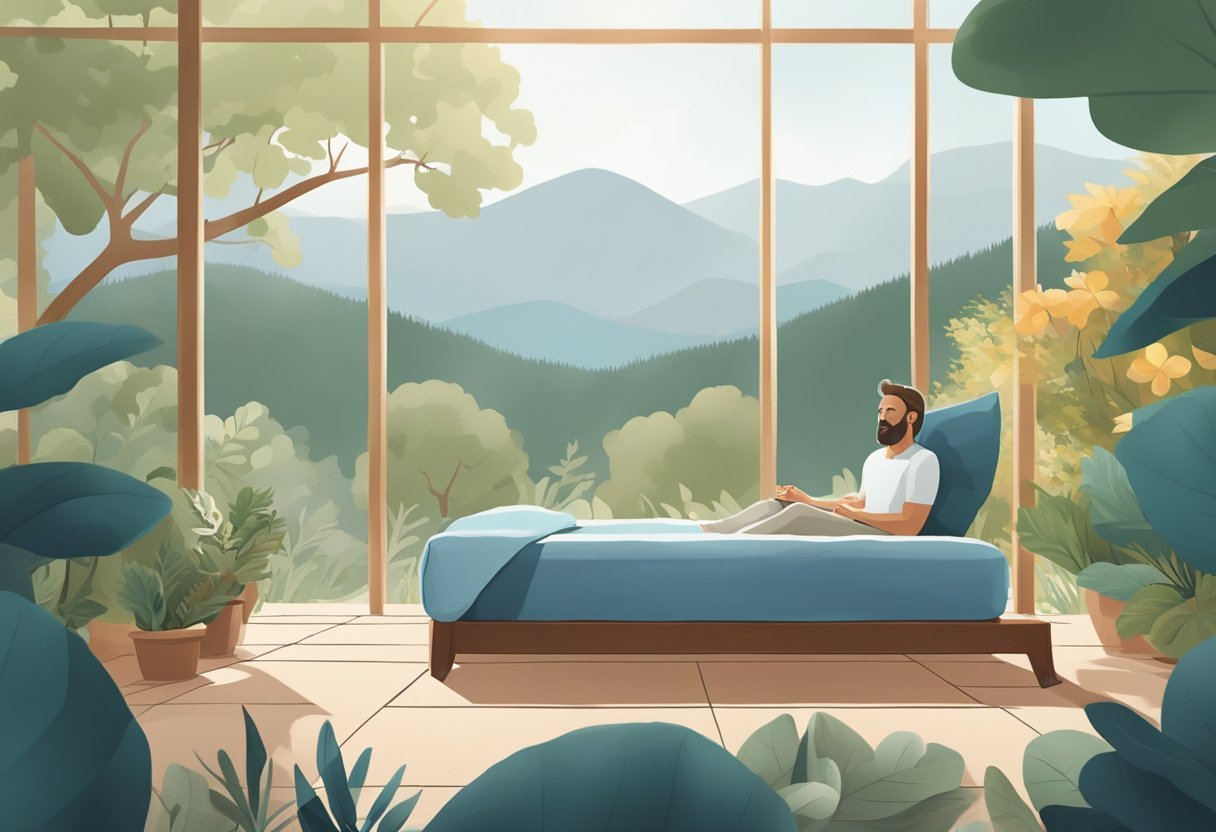 Mieux dormir : respiration Wim Hof, contrôle de l'anxiété et aliments clés 2 Une figure sereine pratiquant la respiration Wim Hof en plein air, entourée d'éléments apaisants comme un lit confortable, des aliments sains et un environnement naturel apaisant.