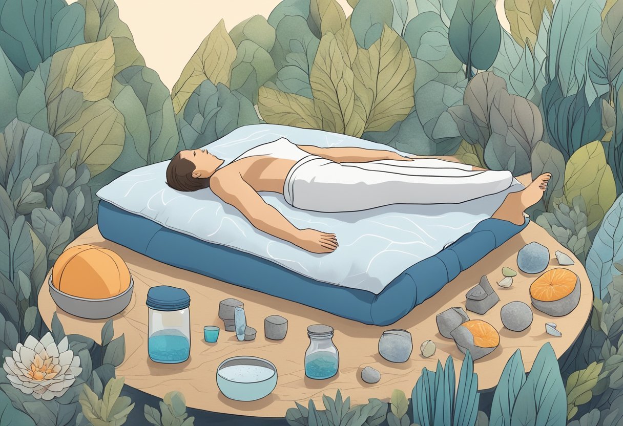 Mieux dormir : respiration Wim Hof, contrôle de l'anxiété et aliments clés 3 Une figure sereine pratiquant la technique de respiration Wim Hof, entourée d'aides au sommeil apaisantes, d'outils de contrôle de l'anxiété et d'aliments nourrissants.