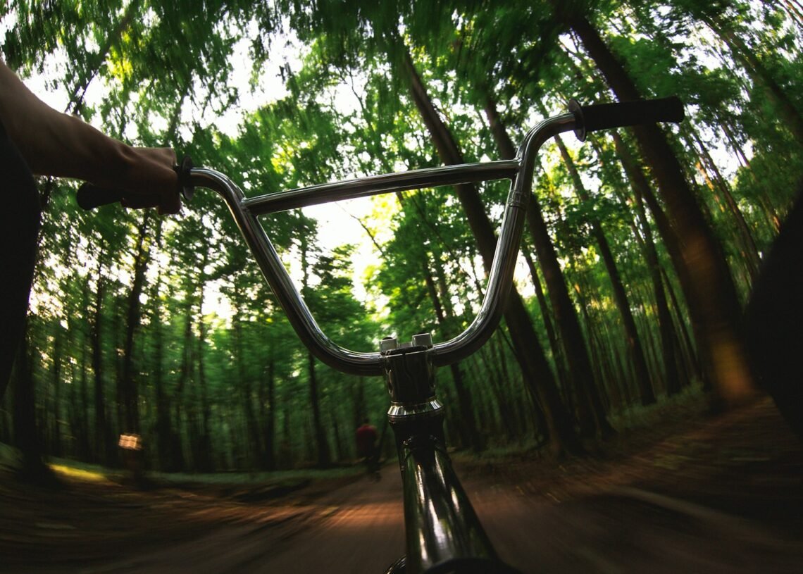 La nature n'est pas pressée : Comprendre l'urgence humaine face à un monde pacifique 1 Riding a bmx bike through a sunlit forest.