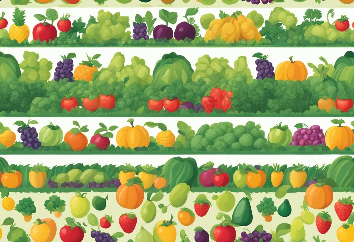 Les pesticides dans les fruits et légumes : Manger bio et comment choisir les bonnes marques ? 2 Une ferme luxuriante et vibrante avec des rangées de fruits et légumes sans pesticides. Une étiquette "bio" claire sur les produits. Liens vers des marques sans pesticides.