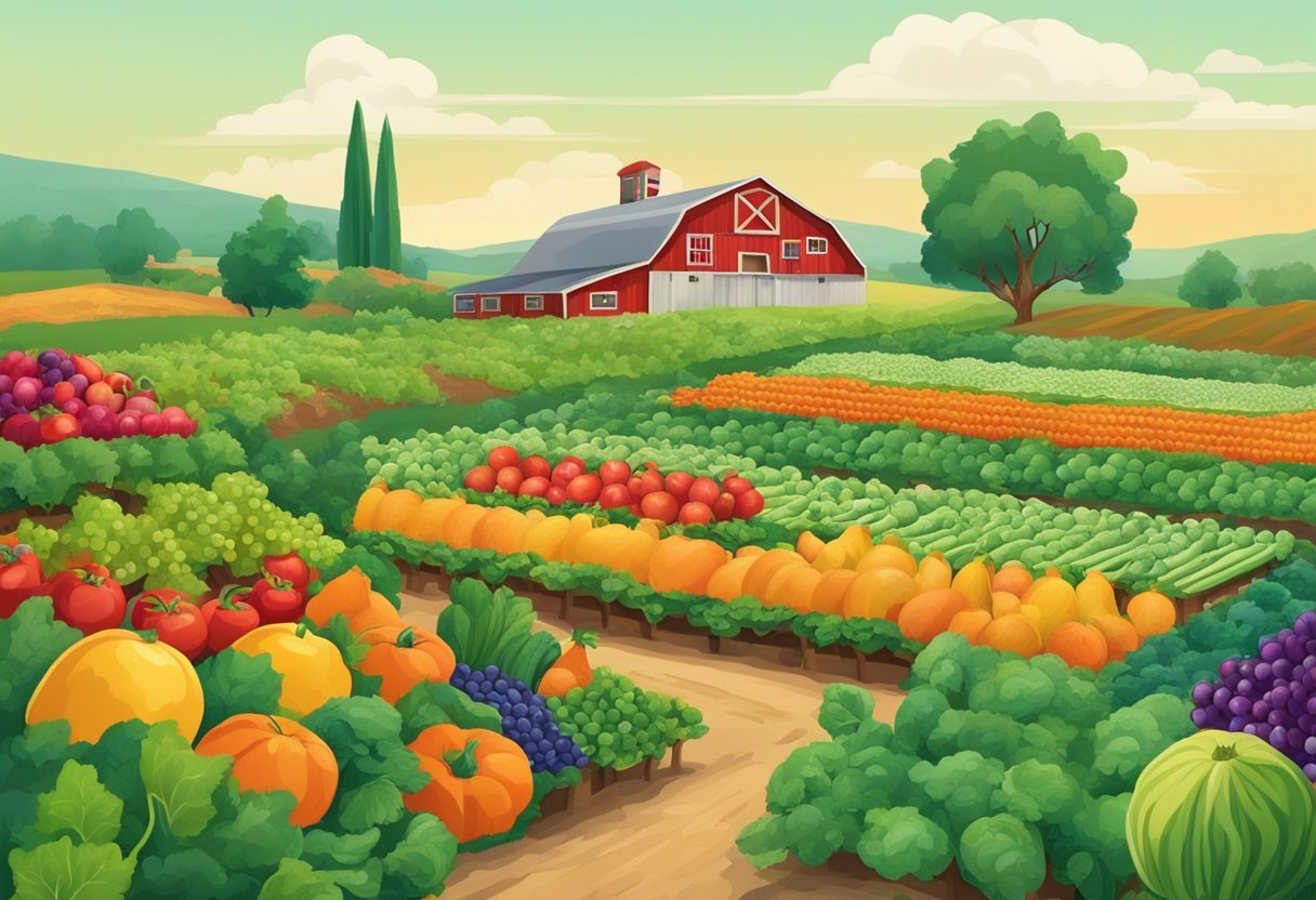 Les pesticides dans les fruits et légumes : Manger bio et comment choisir les bonnes marques ? 3 Une ferme biologique luxuriante et vibrante avec des fruits et légumes colorés, contrastant avec une ferme conventionnelle terne et chargée de produits chimiques.