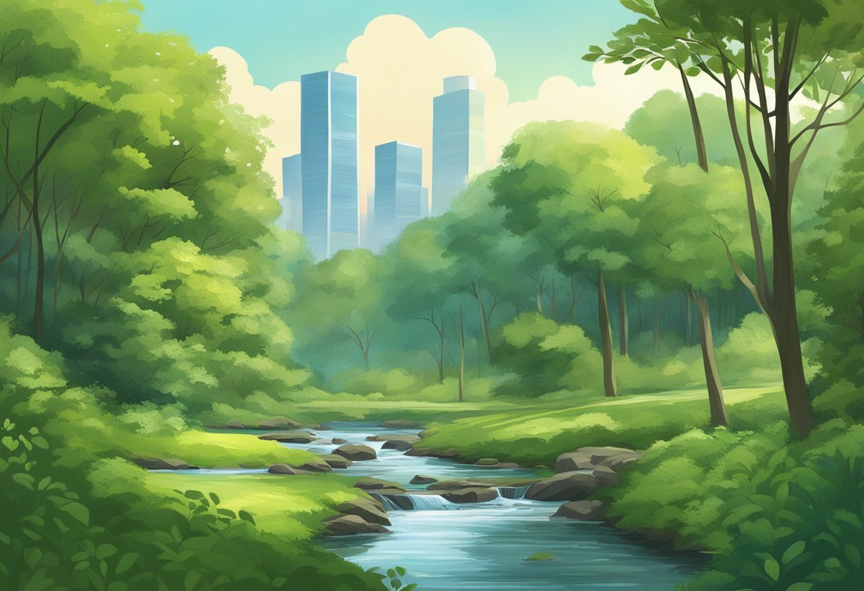 La nature n'est pas pressée : pourquoi nous courons sans cesse ? 2 Une forêt sereine avec une végétation luxuriante et un ruisseau au fil lent, contrastant avec une ligne d'horizon de ville animée au loin.