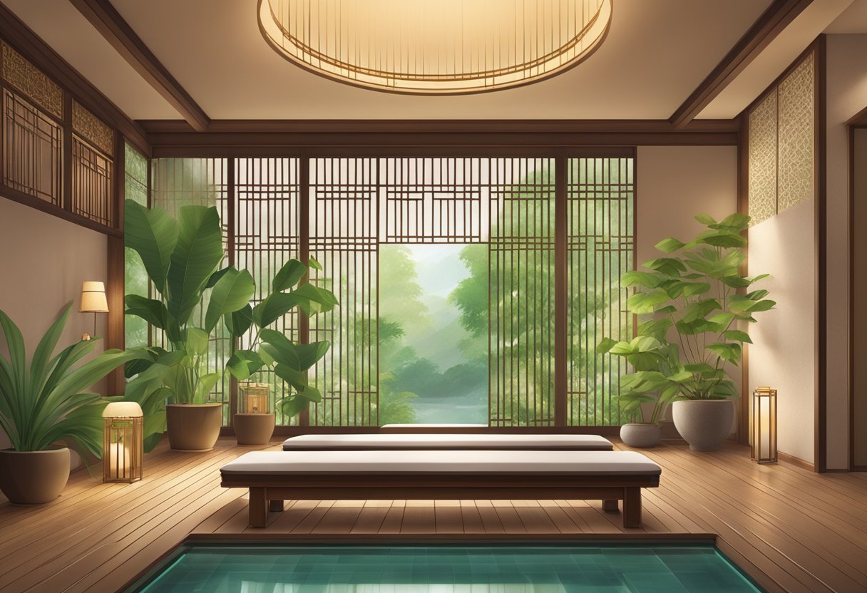 Les massages asiatiques : Top 5 des SPA en France à découvrir en 2025 2 Une salle de spa sereine avec un décor asiatique traditionnel et des tables de massage, entourée de verdure luxuriante et d'un éclairage ambiant apaisant.