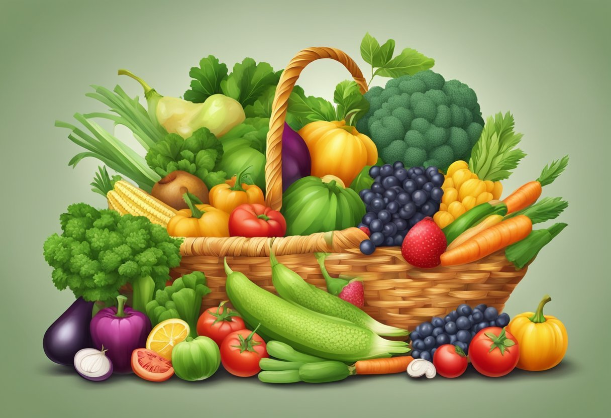 Un panier d'aliments végétariens pour moins de 20 euros : manger à petit prix 3 Un éventail coloré de légumes et de fruits frais débordant d'un panier tissé, avec une variété de formes et de textures.