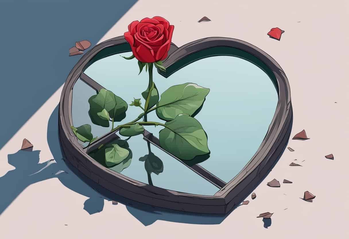 Douleur côté droit et symbolique : Votre relation au féminin. 2 Une rose rouge flétrie repose sur le sol à côté d'un miroir brisé, réfléchissant une ombre en forme de cœur.