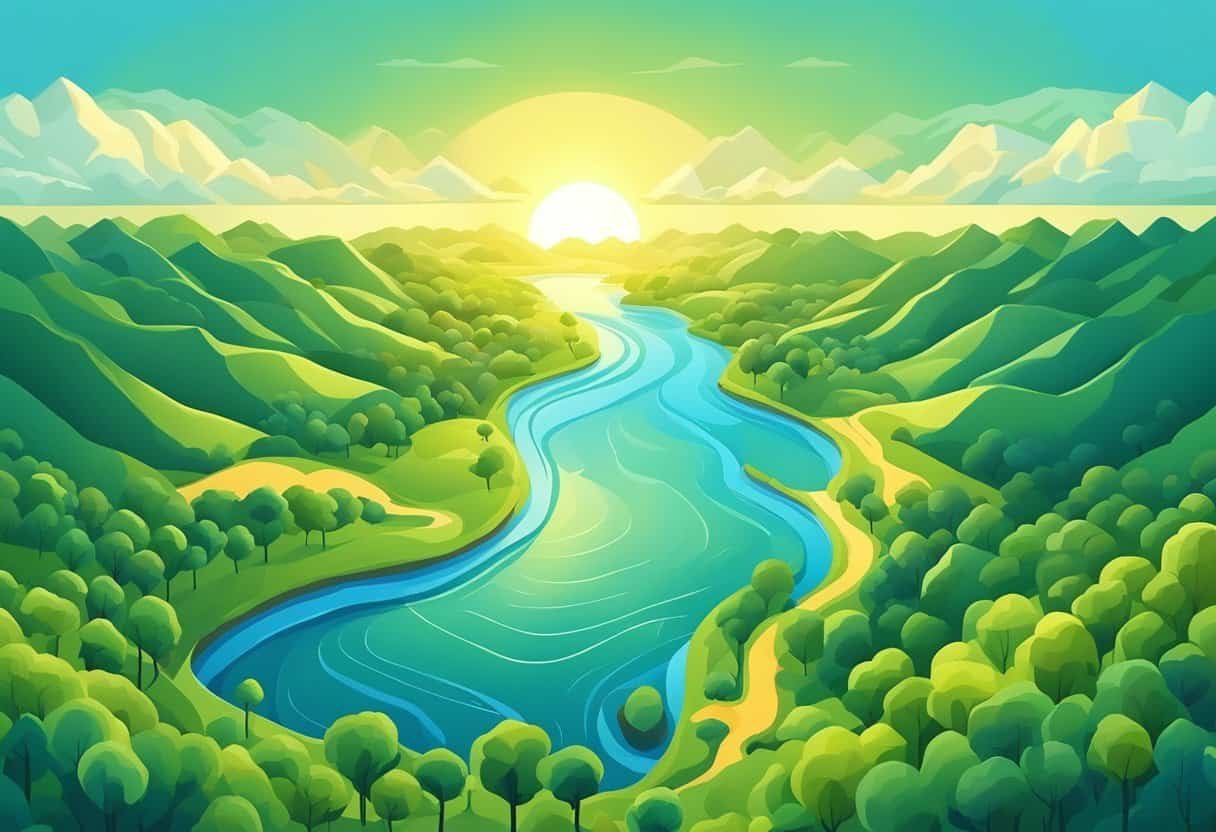 Douleur côté droit et symbolique : Votre relation au féminin. 3 Un soleil doré se levant sur un paysage verdoyant à droite, avec une rivière bleue sereine traversant la scène.
