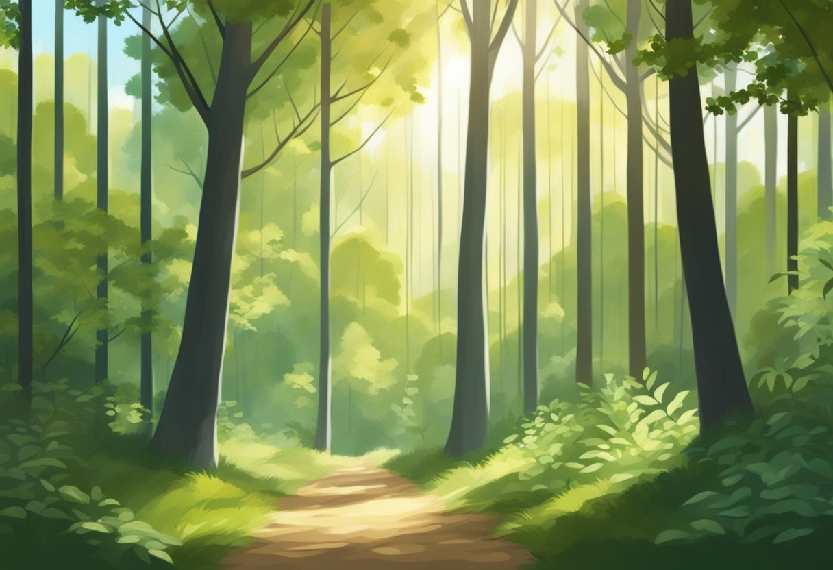Une forêt sereine avec de grands arbres, des rayons de soleil filtrés et un sentiment de tranquillité. Le chant des oiseaux et le bruissement des feuilles créent une atmosphère paisible.