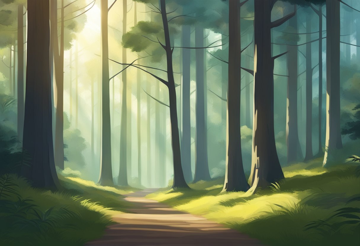 Une forêt sereine avec de grands arbres, de la lumière tamisée et une atmosphère paisible, invitant à pratiquer l'écoute du silence.
