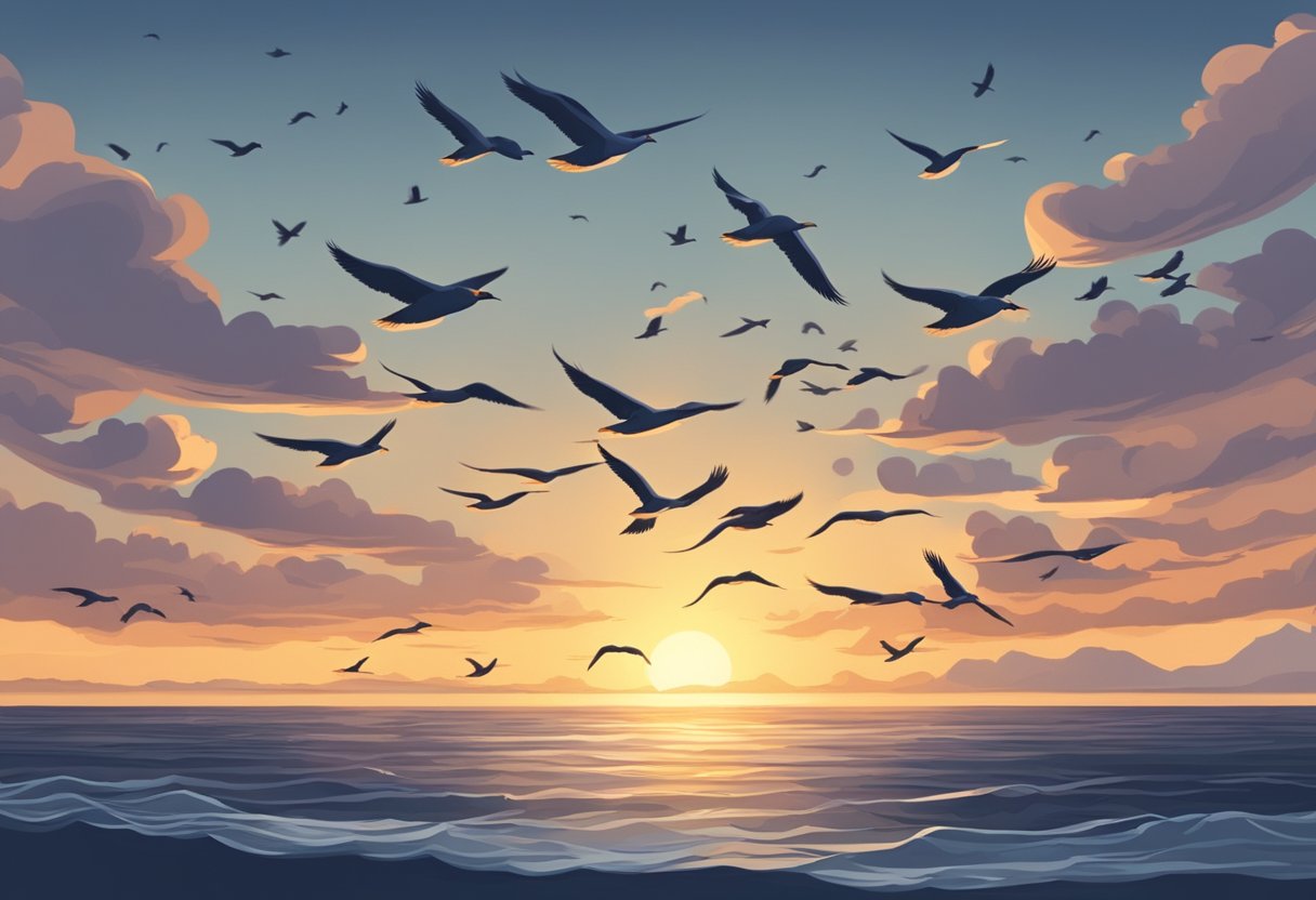 Un coucher de soleil serein sur un océan calme, avec un groupe d'oiseaux volant librement dans le ciel, capturant l'essence de "Aimer sans souffrir."