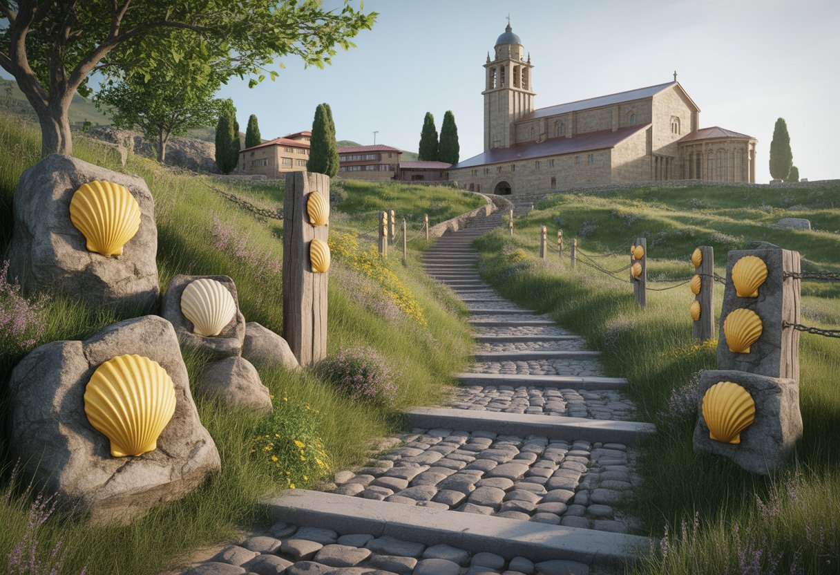 Un chemin pavé ancien serpentant à travers une campagne verte avec des coquilles jaunes marquant le parcours, menant à une église médiévale sur une colline.