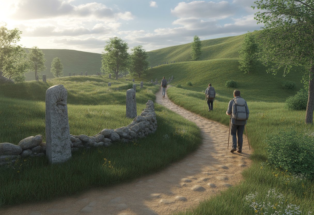 Un chemin étroit traversant une campagne verte avec des collines, des fleurs sauvages et quelques pèlerins marchant au loin.