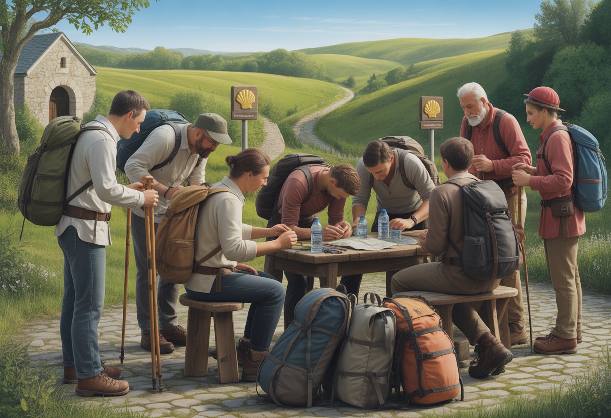 Des pèlerins préparent leur équipement en plein air près d'un sentier de randonnée marqué, avec une chapelle en pierre en arrière-plan.
