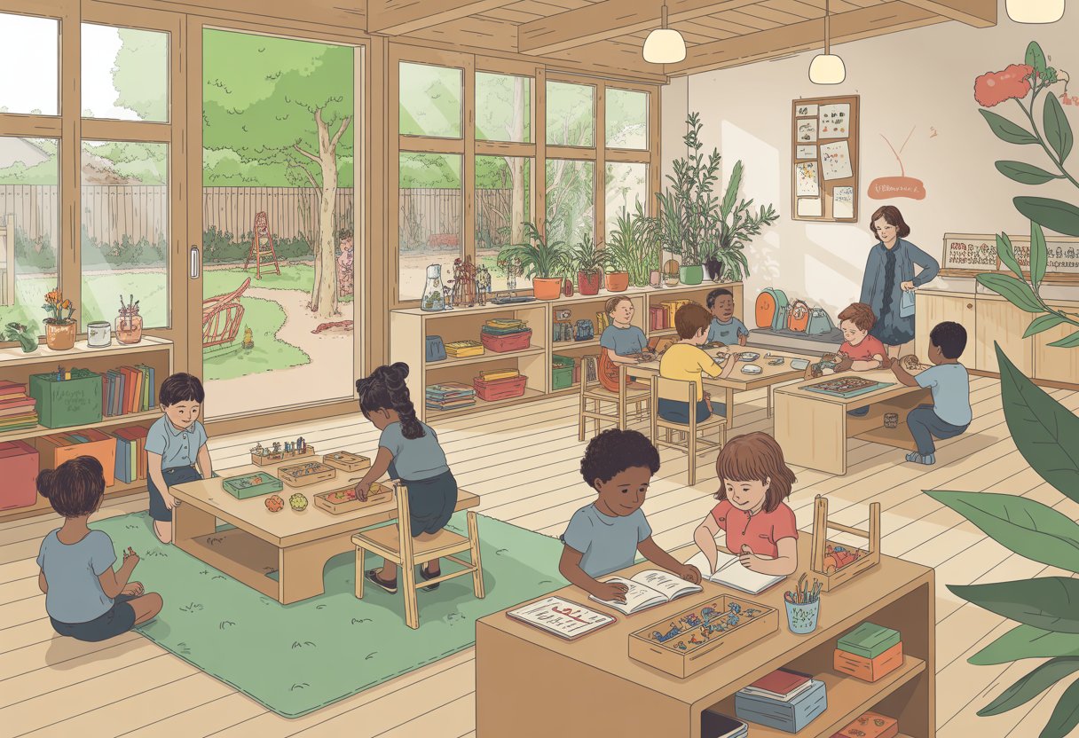 Une salle de classe lumineuse avec des enfants de diverses origines engagés dans des activités d'apprentissage pratiques, entourés de matériaux naturels et d'un jardin visible par la fenêtre.