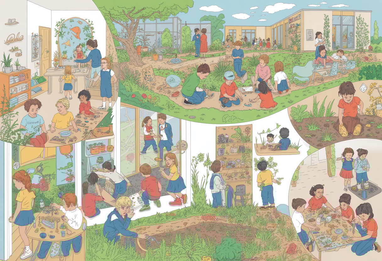 Vue panoramique montrant des enfants apprenant et jouant dans différentes écoles alternatives en France, avec des espaces intérieurs lumineux et des activités en plein air.