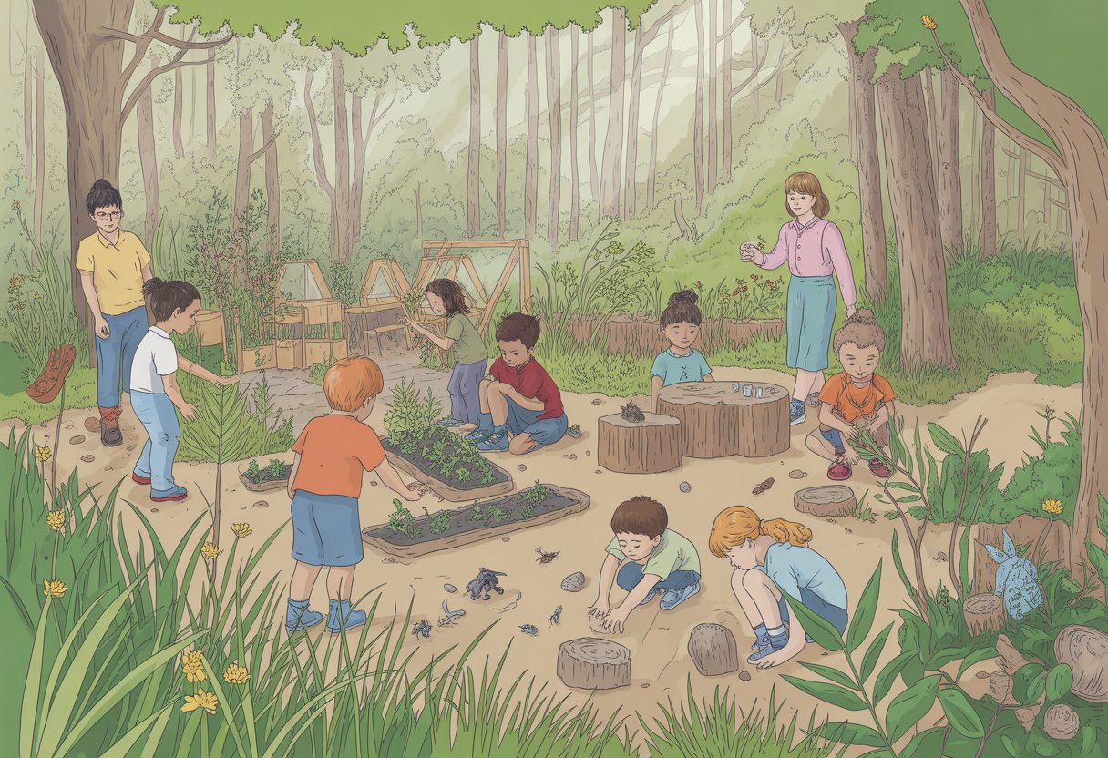 Des enfants apprennent en plein air dans une forêt avec un enseignant, entourés d'arbres et de matériaux naturels.