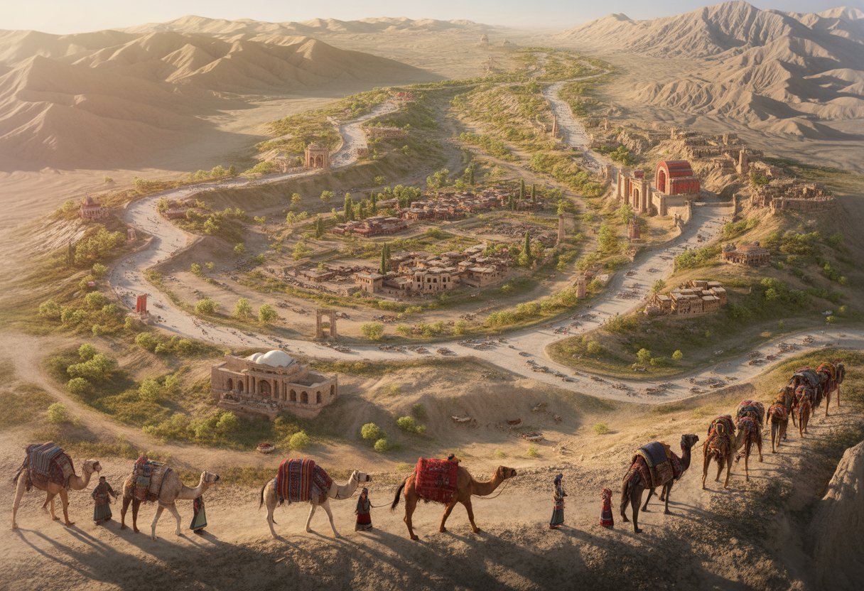 La route de la soie : étapes à ne pas manquer pour une aventure inoubliable 3 Vue détaillée d'une route ancienne traversant des montagnes, déserts et oasis, avec des caravanes de chameaux et des bâtiments historiques représentant les étapes principales de la route de la soie.