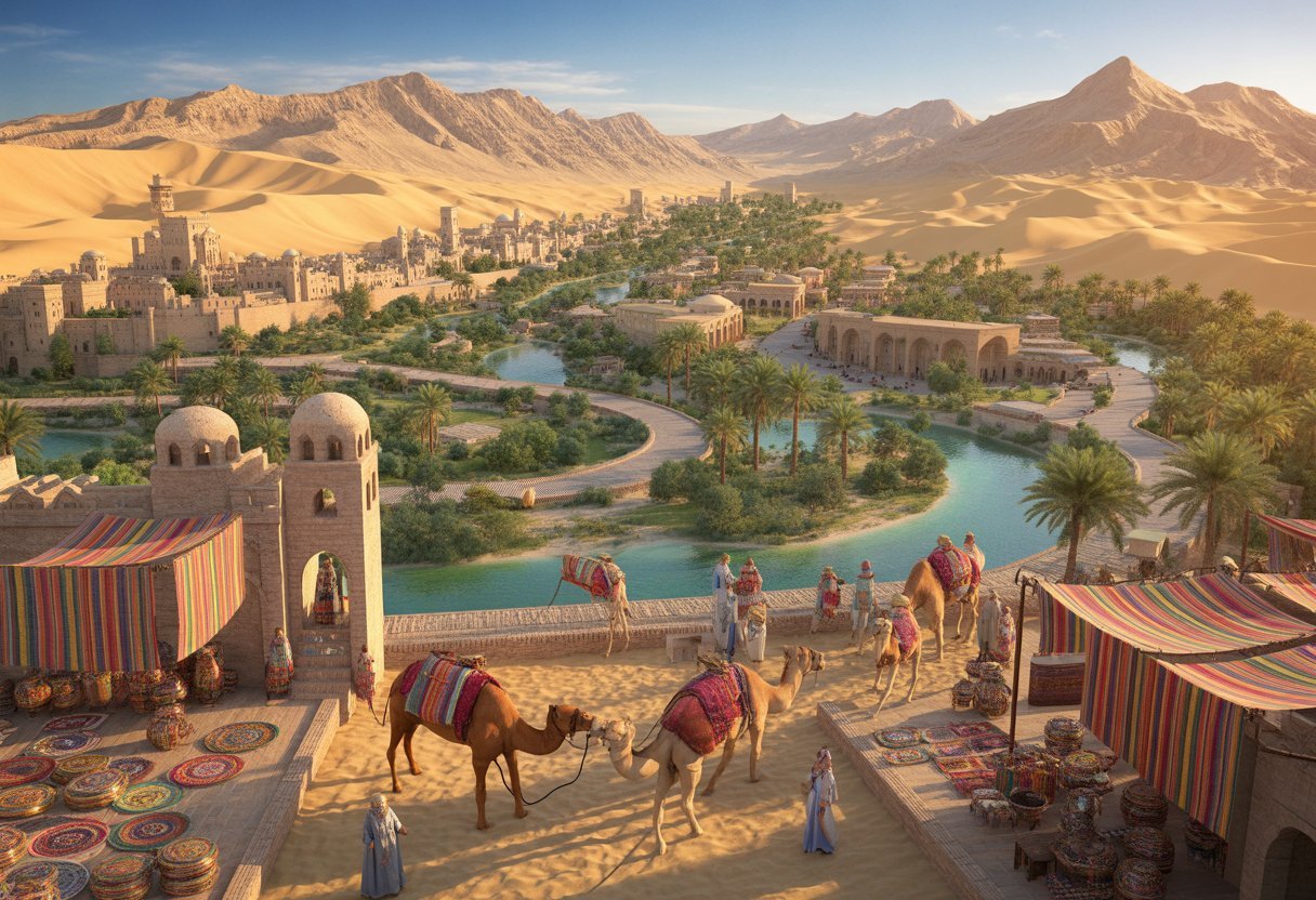 La route de la soie : étapes à ne pas manquer pour une aventure inoubliable 8 Paysage montrant des caravanes de chameaux traversant des dunes de sable, des oasis, des marchés animés et des bâtiments traditionnels le long de la route de la soie.