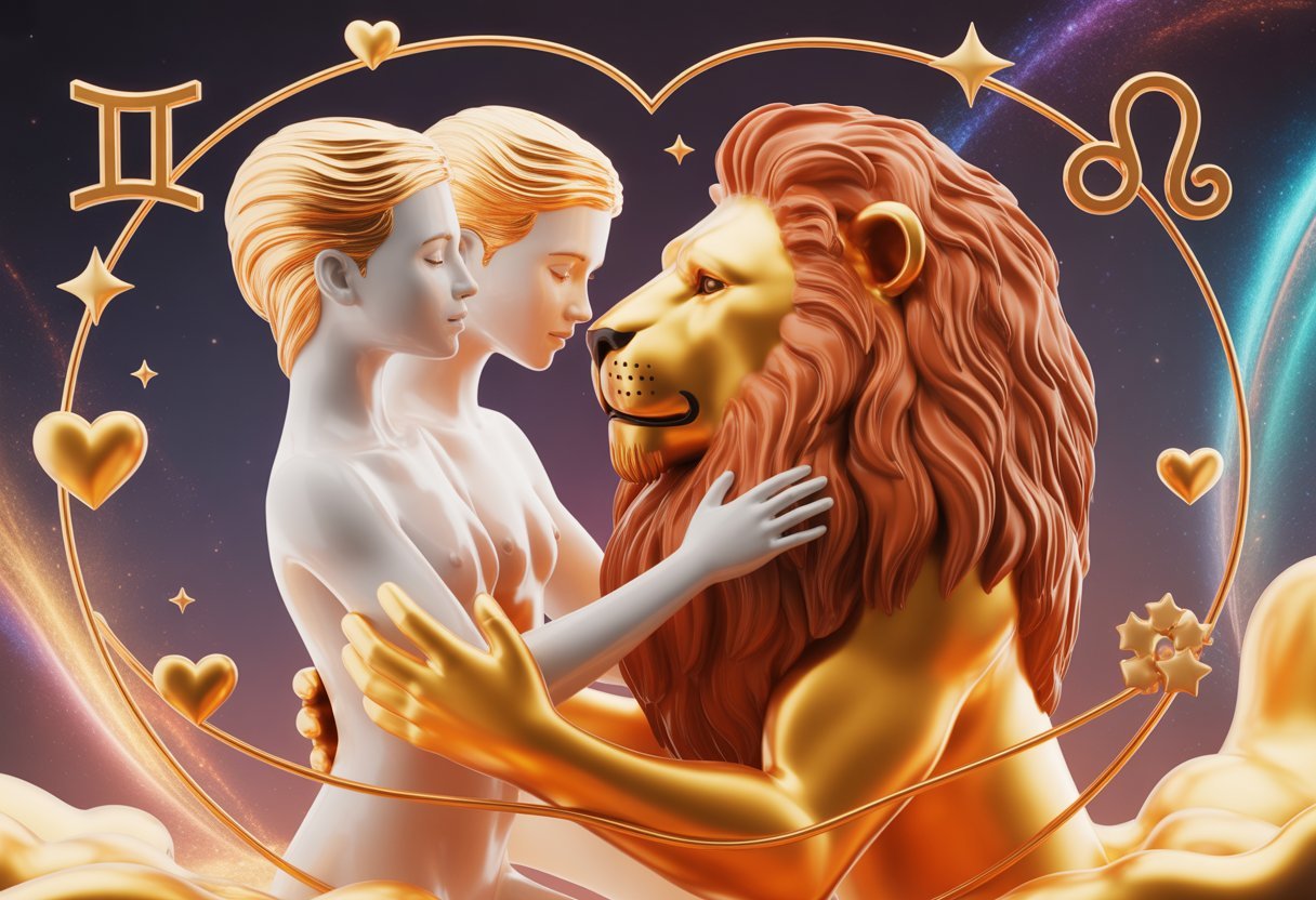 Gémeaux × Lion en amour : compatibilité, forces et frictions 2 Deux figures représentant Gémeaux et Lion dans une étreinte affectueuse, entourées d'éléments célestes et d'une lumière chaleureuse.