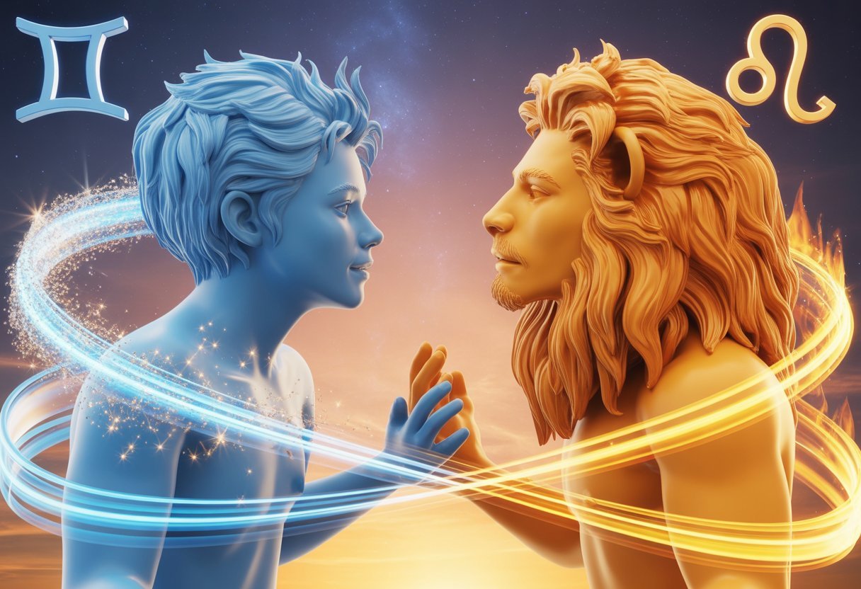 Gémeaux × Lion en amour : compatibilité, forces et frictions 3 Deux personnages représentant les signes astrologiques Gémeaux et Lion, l'un avec des traits doubles et des éléments d'air, l'autre avec une crinière dorée et des flammes, reliés par des faisceaux lumineux dans un décor cosmique étoilé.