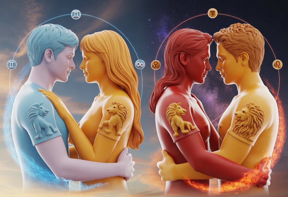 Gémeaux × Lion en amour : compatibilité, forces et frictions 4 Deux couples représentant un homme Gémeaux avec une femme Lion et une femme Gémeaux avec un homme Lion, dans une scène d'affection et de connexion sous un ciel étoilé avec des éléments symboliques des signes astrologiques.