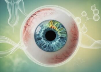 Gros plan sur un œil humain avec un iris coloré montrant des motifs complexes, entouré d'éléments anatomiques translucides liés à la santé de l'œil.