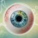 Gros plan sur un œil humain avec un iris coloré montrant des motifs complexes, entouré d'éléments anatomiques translucides liés à la santé de l'œil.