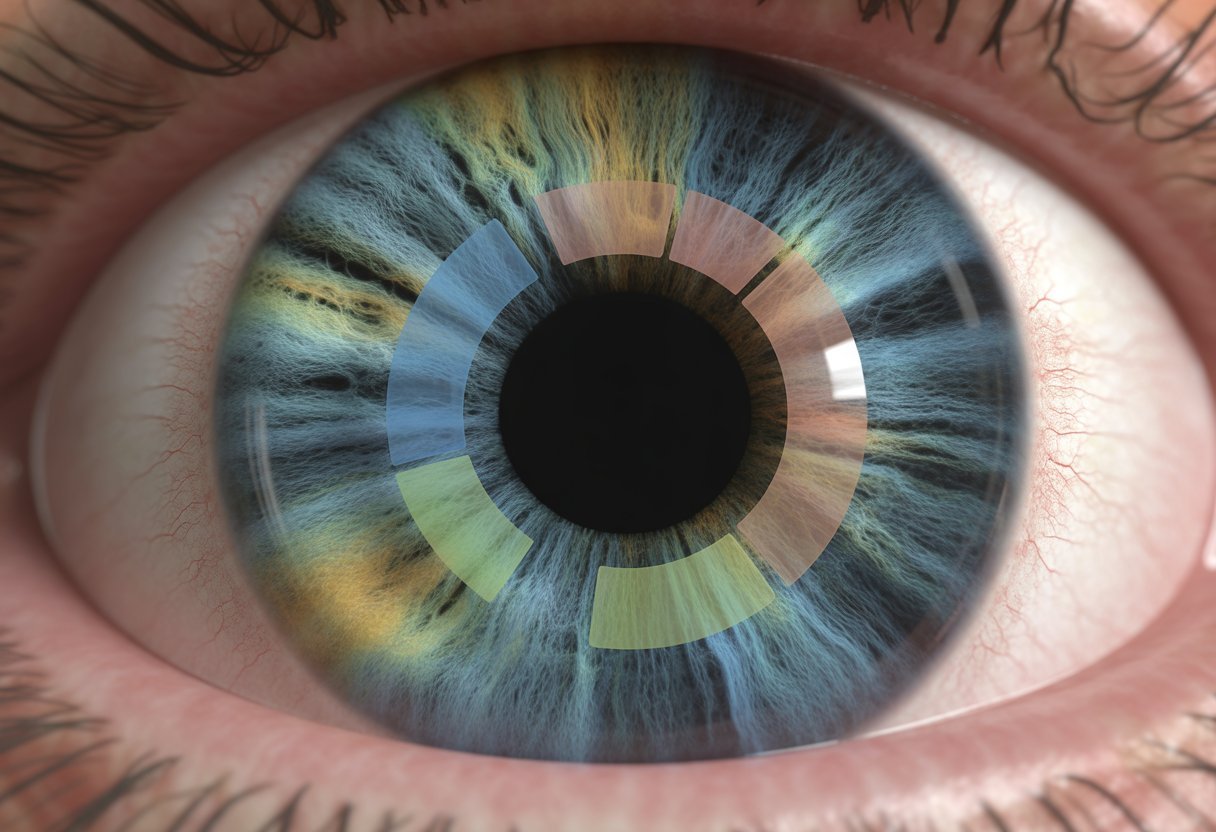 Vue rapprochée d'un iris humain montrant différentes zones colorées correspondant à la cartographie utilisée en iridologie pour la santé de l'œil.