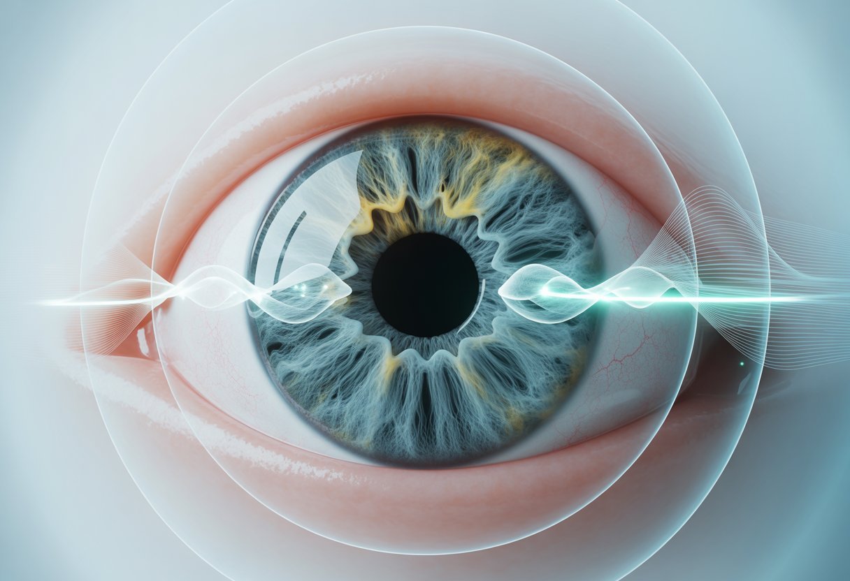Gros plan sur un œil humain avec une iris détaillée entourée de motifs lumineux symbolisant la vitalité et la santé.