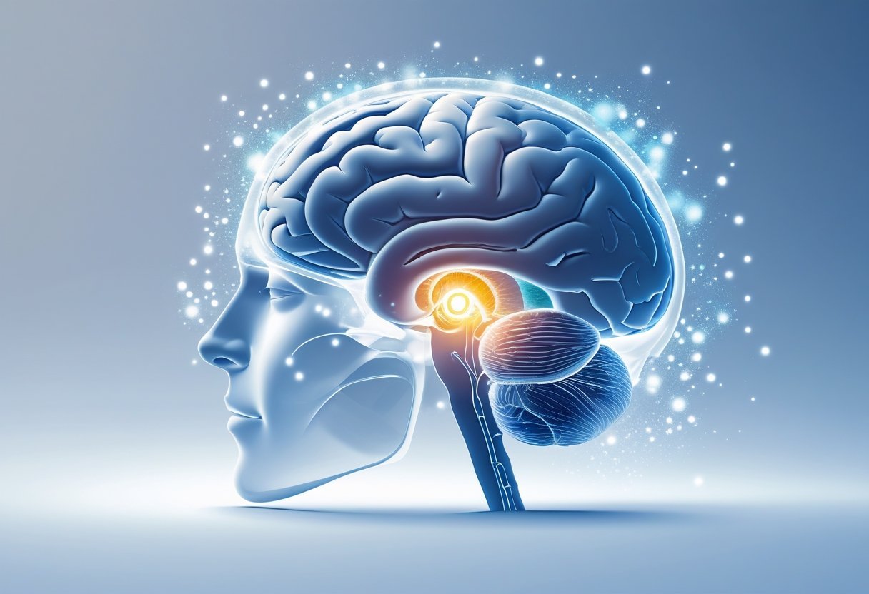 Vue latérale transparente d'une tête humaine montrant le cerveau avec la glande pinéale au centre entourée d'effets lumineux symbolisant la décalcification.