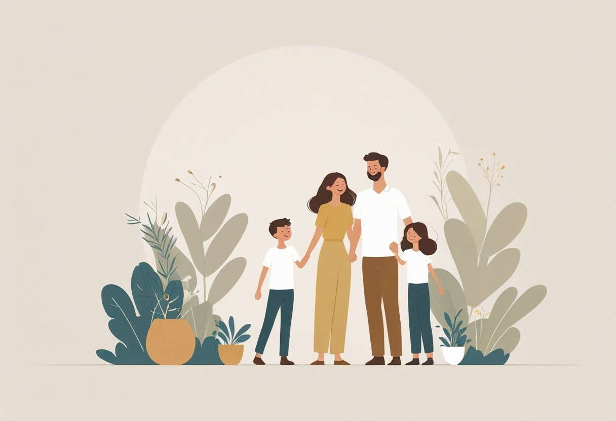 Portrait d'une famille de quatre personnes souriantes, debout ensemble dans un cadre simple et paisible.