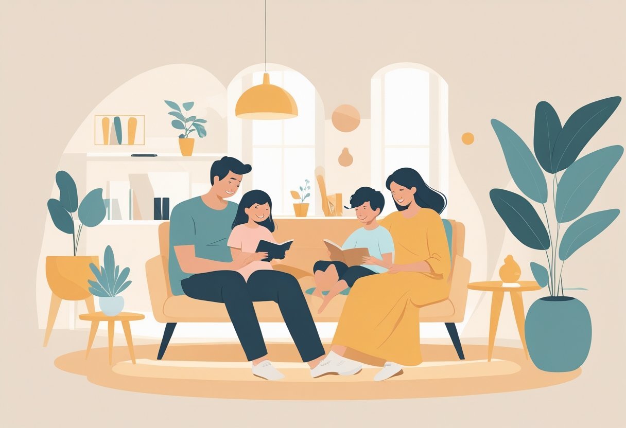 Une famille de quatre personnes dans un espace simple et lumineux, souriants et détendus, partageant un moment paisible ensemble.