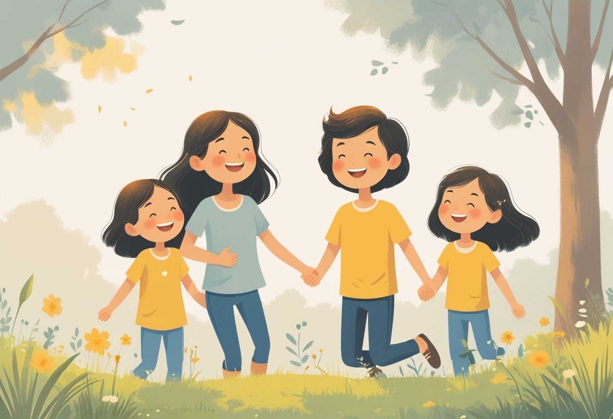 Une famille de quatre personnes souriantes, en plein air, partageant un moment joyeux et libre dans un cadre naturel paisible.