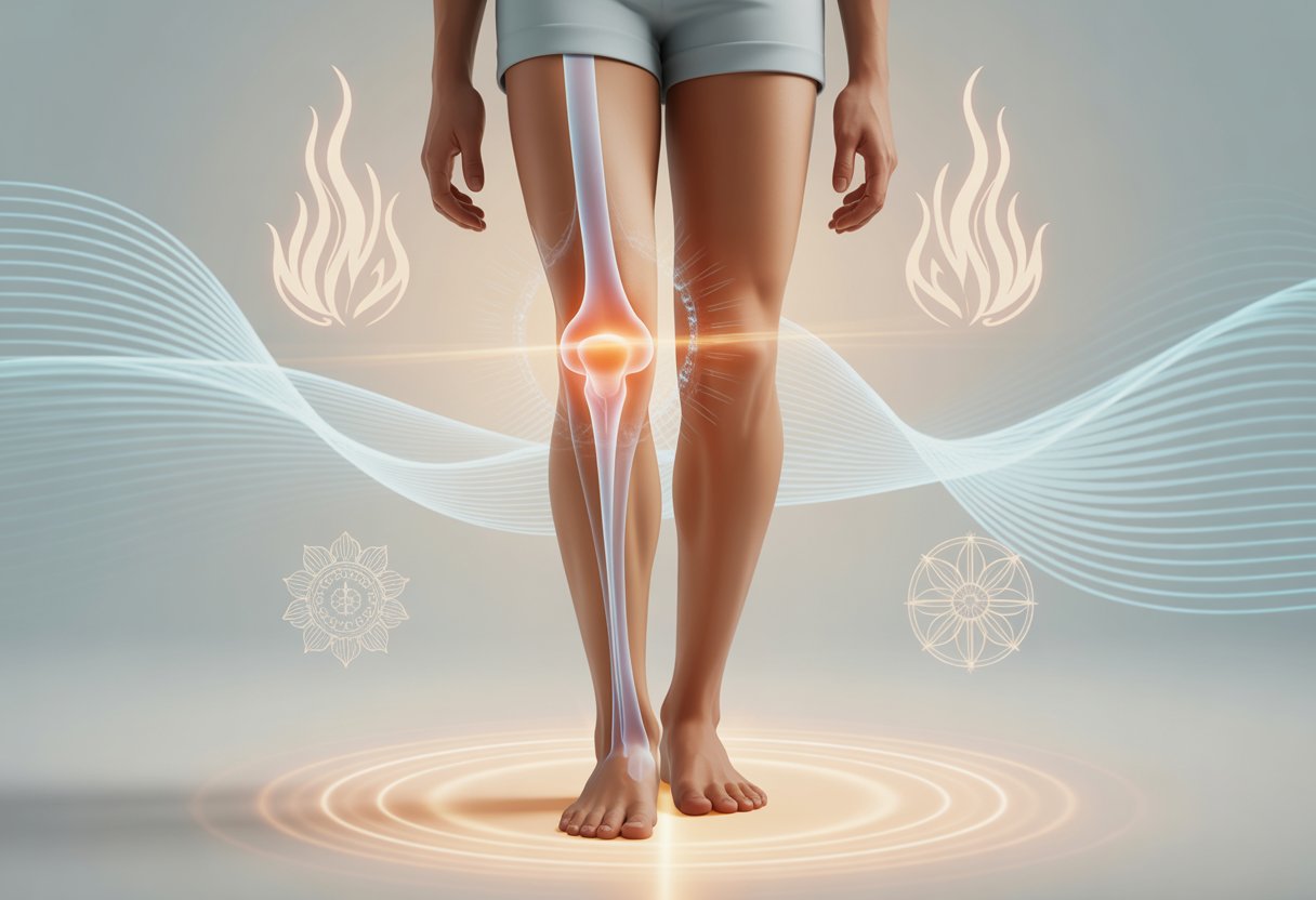 Une illustration montrant une jambe gauche avec un tibia lumineux entouré de symboles spirituels et d'énergie lumineuse.