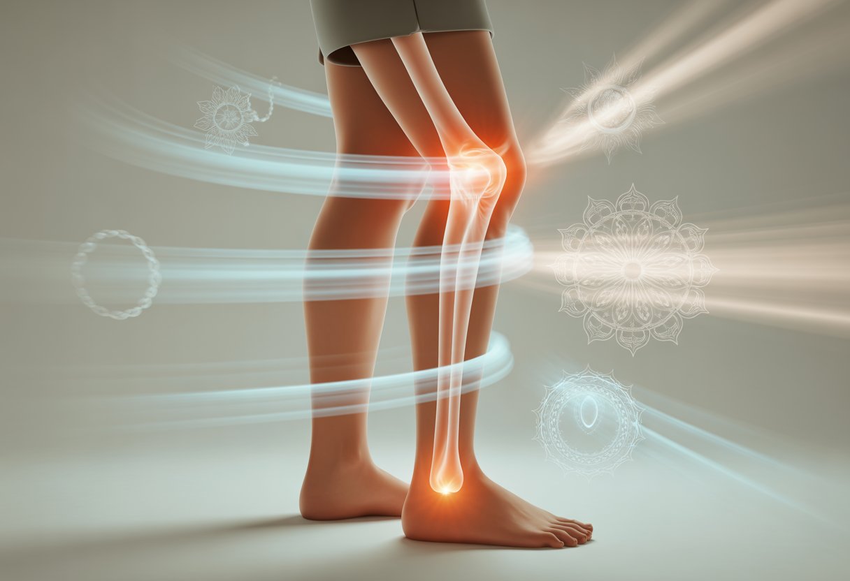 Une figure humaine montrant la jambe gauche avec une lumière douce autour du tibia et des symboles spirituels flottant autour.