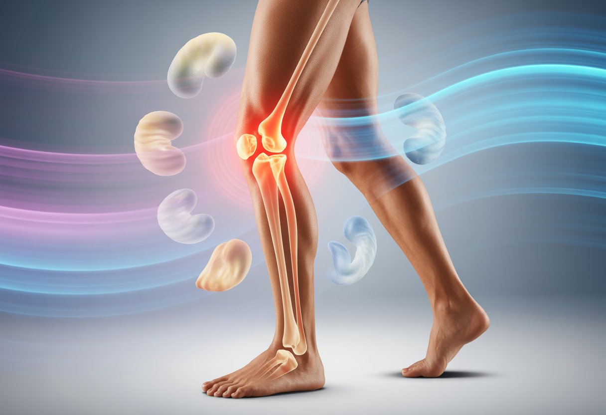 Une illustration montrant une jambe gauche avec une lumière autour du tibia, entourée de formes abstraites symbolisant la douleur, le changement et la liberté de mouvement.