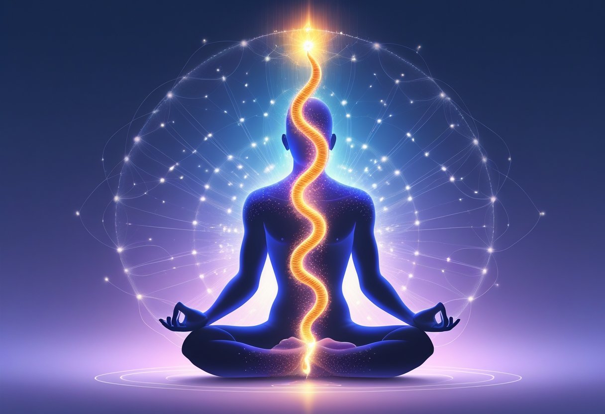 Une silhouette humaine en position de méditation avec une énergie lumineuse montant le long de la colonne vertébrale et de nombreux canaux lumineux autour du corps.