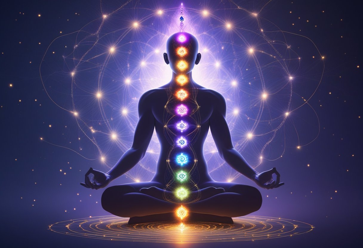 Silhouette humaine en position de méditation avec sept chakras alignés et un réseau complexe de lignes représentant les nadis d'énergie autour du corps.