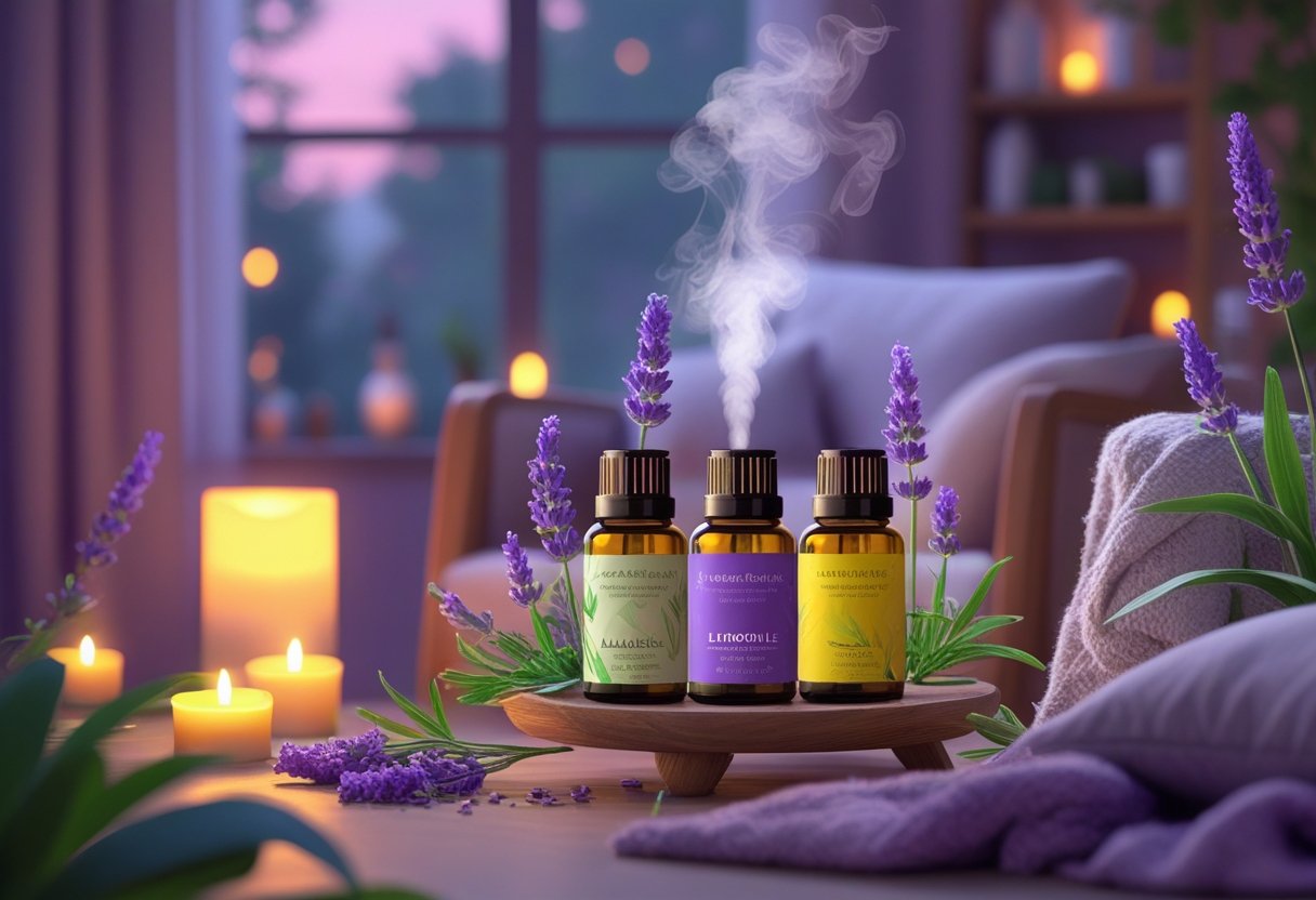 Une scène intérieure calme en soirée avec un diffuseur d'huiles essentielles, des bouteilles d'huiles entourées de fleurs de lavande et de feuilles de citronnelle, dans un coin confortable avec un fauteuil et une lumière douce.