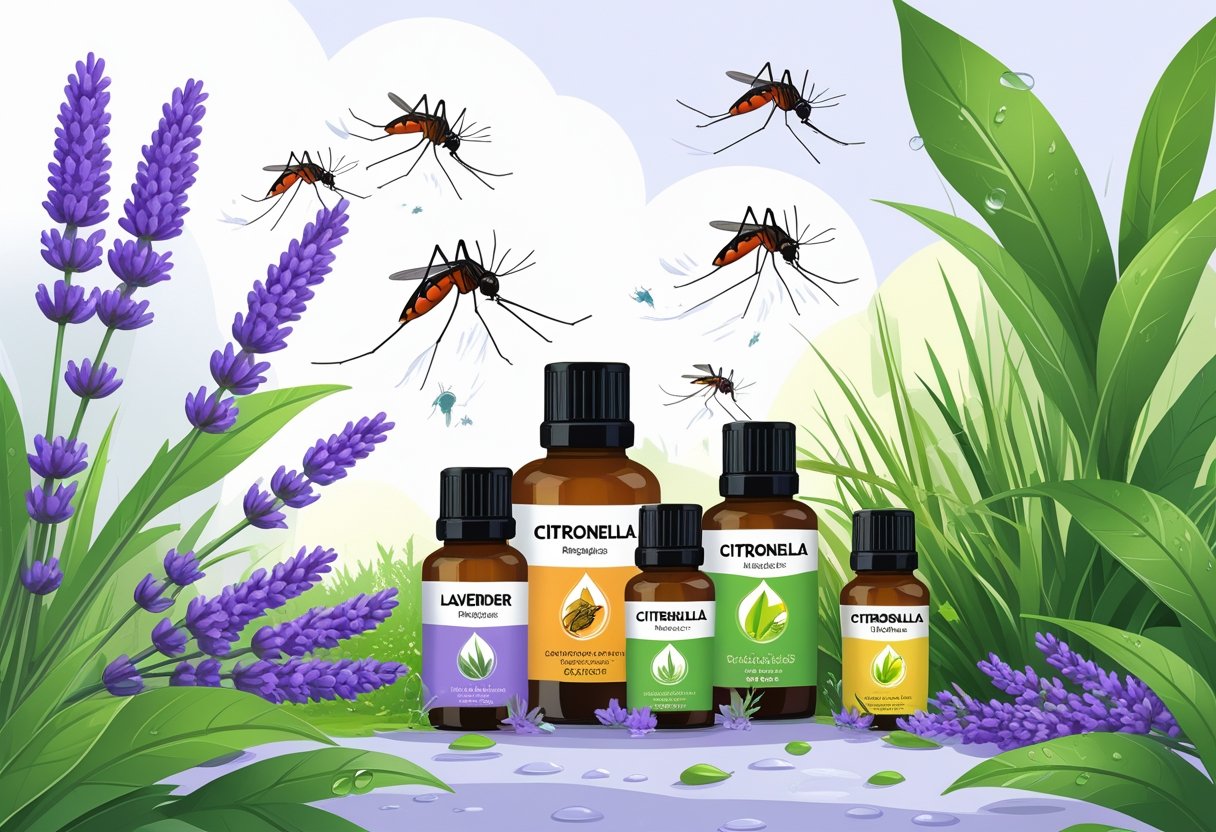 Bouteilles d'huiles essentielles entourées de plantes de lavande et de citronnelle avec des moustiques repoussés par une lumière douce.