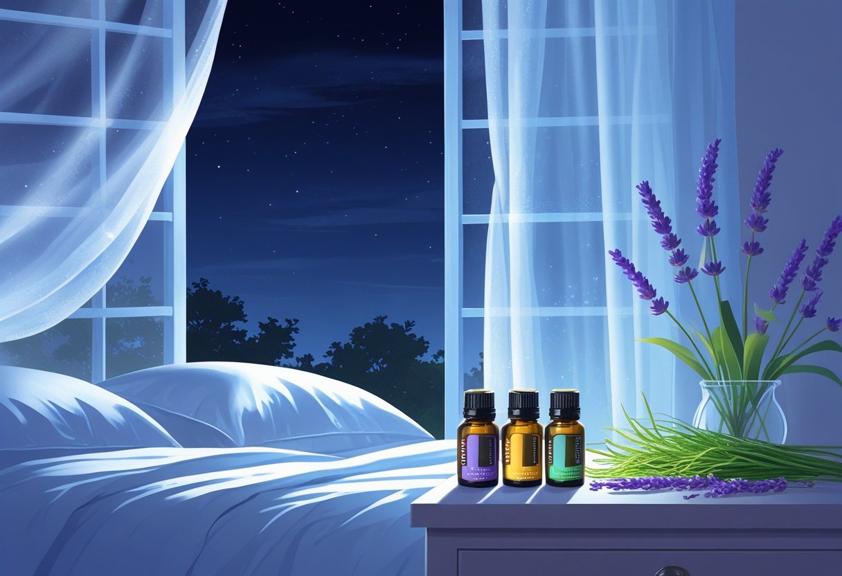 Chambre paisible la nuit avec un lit, une fenêtre ouverte laissant entrer une brise légère, et des flacons d'huiles essentielles de lavande et citronnelle sur une table de chevet.