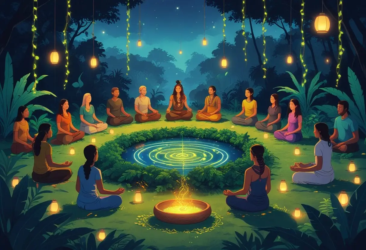 Personnes assises en cercle dans la nature, un chaman préparant une boisson, ambiance calme et spirituelle avec des plantes tropicales autour.