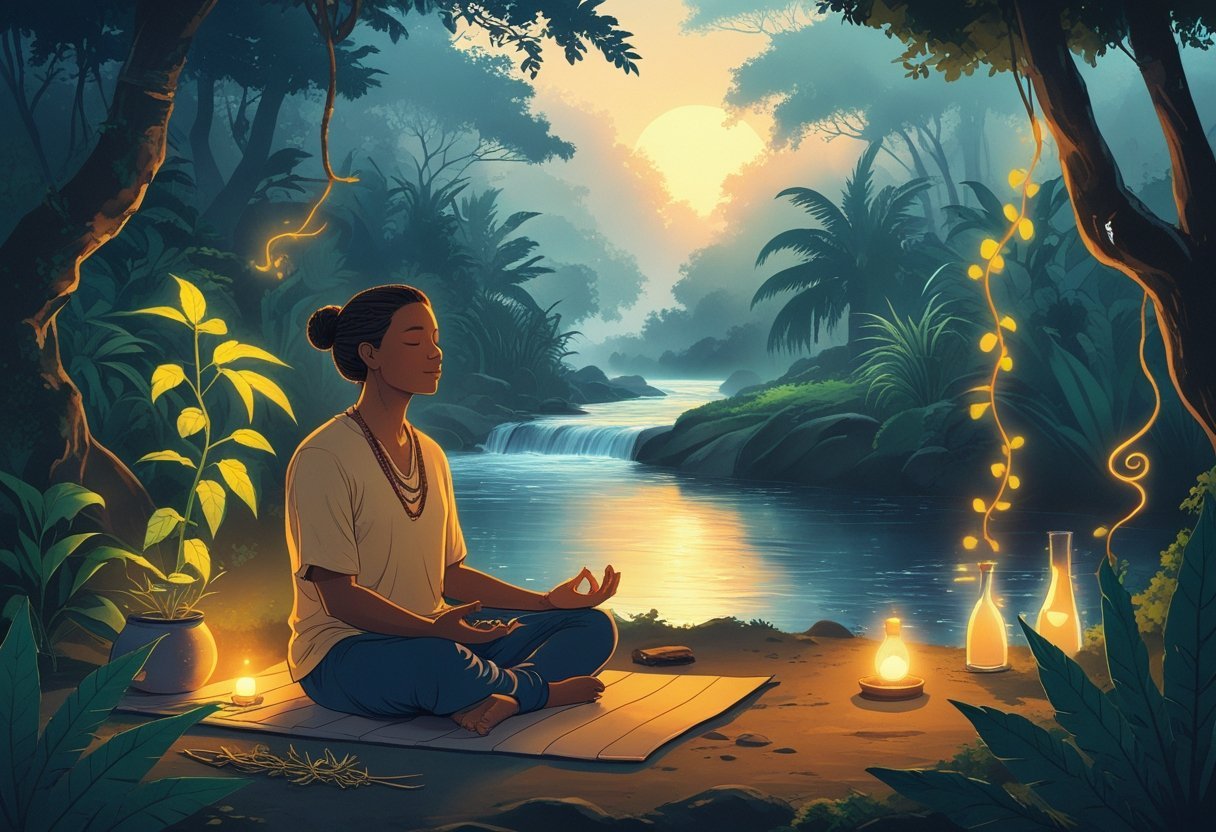 Une personne méditant paisiblement près d'une rivière dans une jungle, entourée de plantes et d'éléments naturels symbolisant la préparation à une cérémonie spirituelle.
