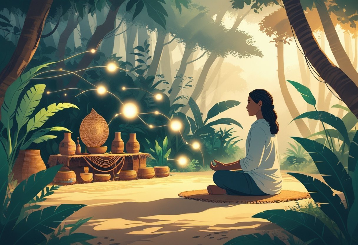 Une personne assise en tailleur dans la jungle, entourée de plantes et d’éléments spirituels, préparant mentalement et émotionnellement une cérémonie d’ayahuasca.