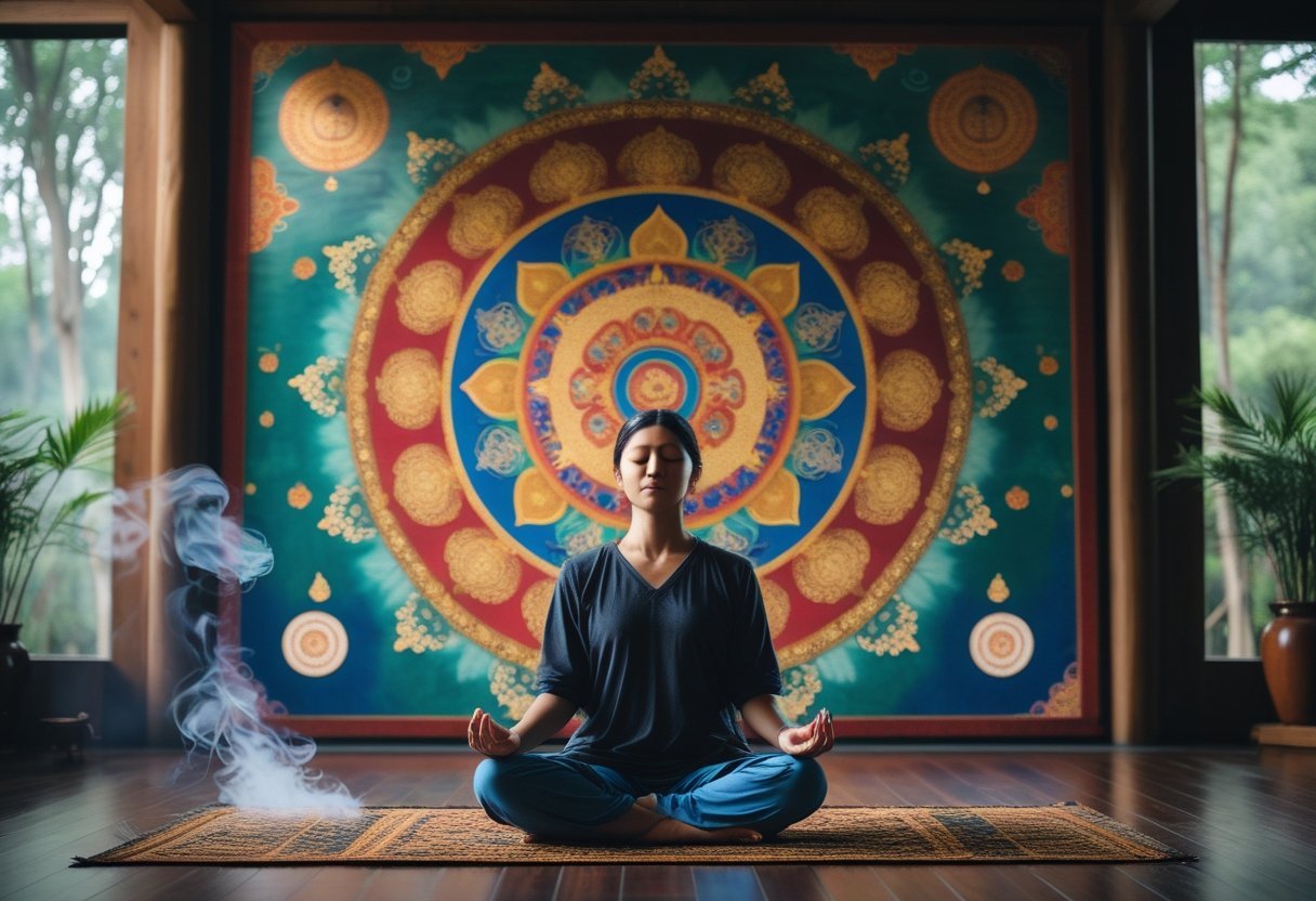 Personne en méditation devant un grand mandala tibétain coloré dans un espace calme et paisible.