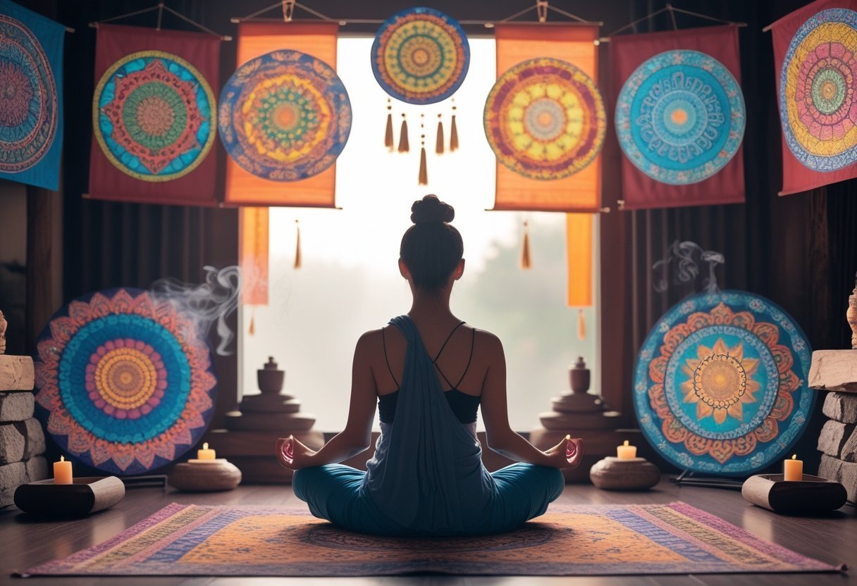Personne méditant assise en tailleur entourée de mandalas tibétains colorés dans un environnement paisible.