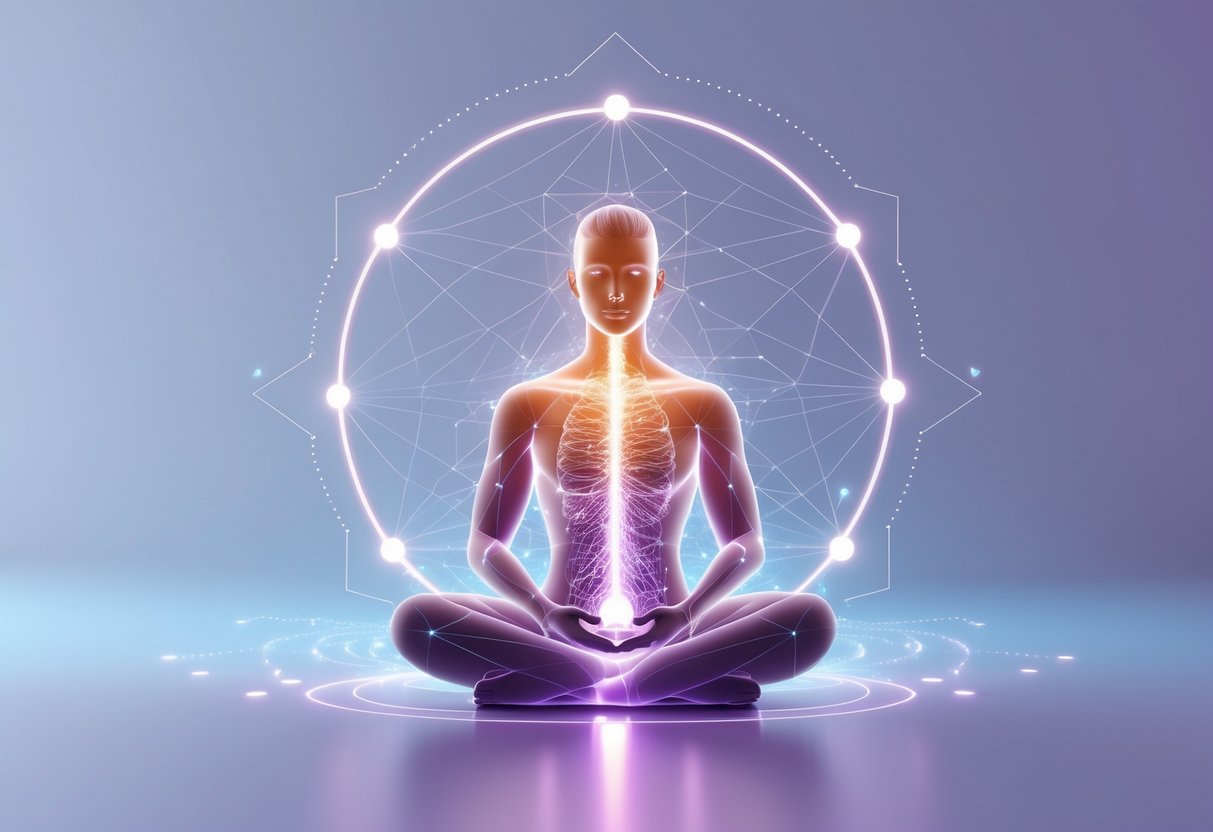 Une personne assise en tailleur entourée d'un schéma corporel géométrique lumineux représentant une analyse de personnalité.