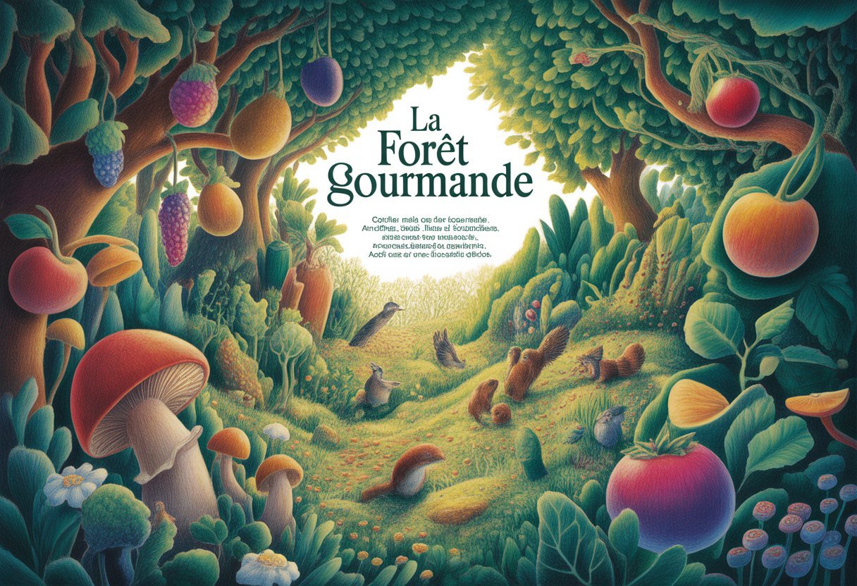 Une forêt dense et colorée remplie de plantes et de fruits comestibles géants, avec des animaux de la forêt et une lumière douce filtrant à travers les arbres.